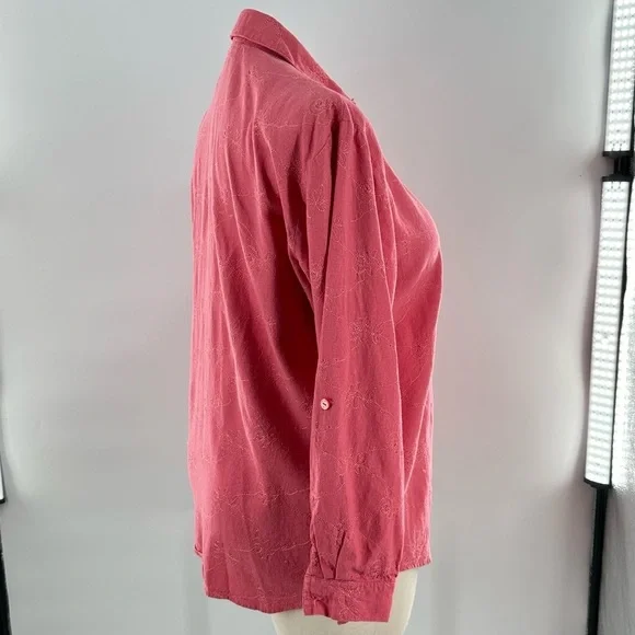 Napa Valley top L pink coral 55% linen floral button down coastal 90s vintage